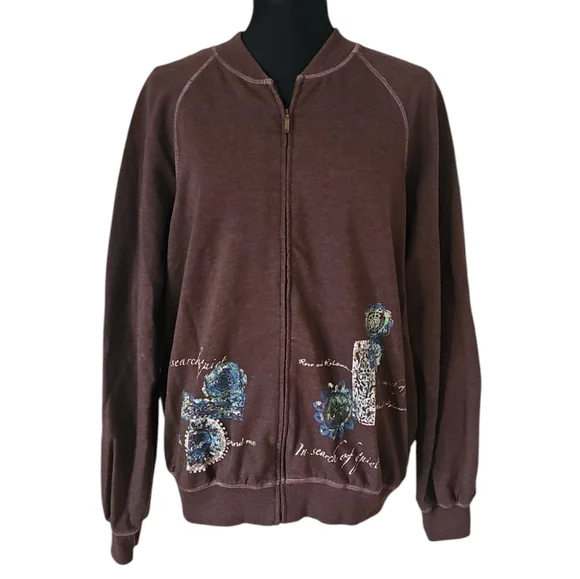 Alfred Dunner Brown Long Sleeve Full Zip Relax Back Graphics Women's Size 14 - Picture 2 of 9